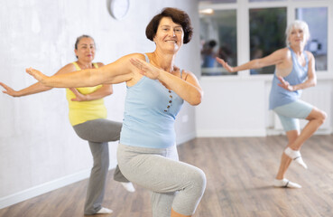 Group of elderly athletic women doing dancing in fitness room