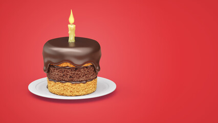 Birthday cake with chocolate creme and burning candle. Sweet dessert for birthday party celebration. 3D illustration.