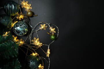 Christmas concept 2024 Christmas tree background. Christmas ball on a black background.