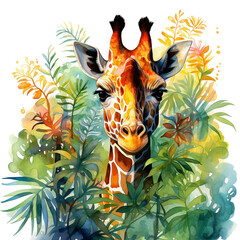 Fototapeta premium Research giraffe in the jungle, clear image, hyper-realistic, bright colourful saturated colours, watercolour, style on a white background, watercolor giraffe, isolated.