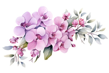 Naklejka na ściany i meble Watercolor illustration of orchids and leaves, perfect for greeting cards, wedding, birthday invitations, and other holidays, with a white background,