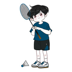 Little sporty boy holding a badminton racket, Young player in badminton outfit, hand drawn illustration on transparent background