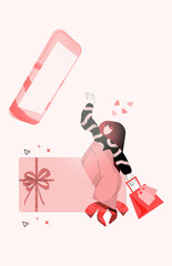 Person shopping online, ordering products and gifts from shops and stores from internet. Vector flat character with phone and shopping bag ordering and purchasing items from web, online.