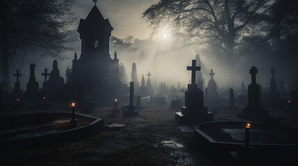 Cemetery, graveyard in the morning, sun shines through fog