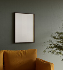 aesthetic wooden frame mockup poster in the modern interior with sofa furniture and plant decoration