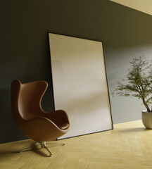 a massive frame mockup poster leaning on the green wall with unique orange side chair