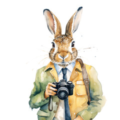 Hare journalist style image, bright image, watercolour style on white background, watercolor rabbit, png 