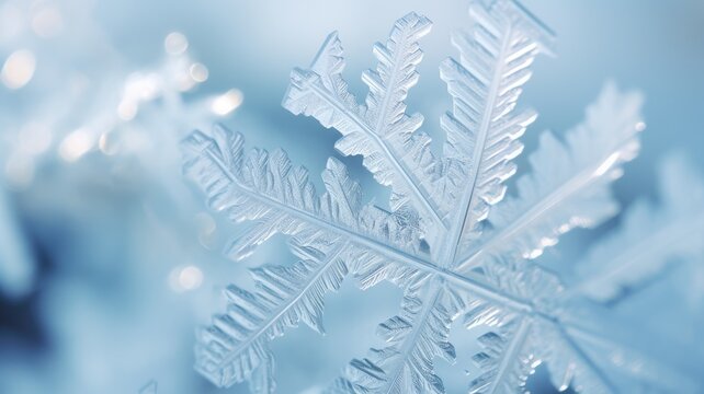 Fototapeta Intricate snowflake crystal close-up on a blue background