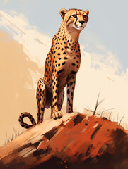 A Character Cartoon of a Cheetah on an Abstract Background with Thick Textures and Bold Colors