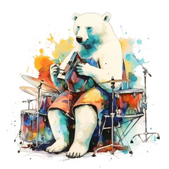 Watercolor polar bear, isolated on a white background, Polar bear musician, illustration, saturated colours, watercolour style on a white background 