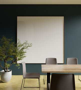 a square 200x200 frame mockup poster behind the dining table in the modern dining room with tree decoration