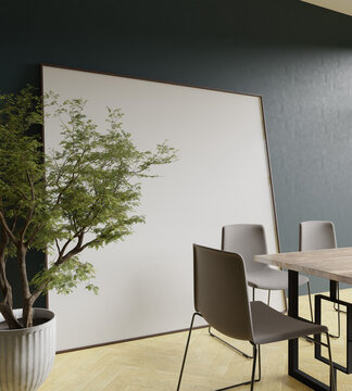 a square 200x200 frame mockup poster behind the dining table in the modern dining room with tree decoration