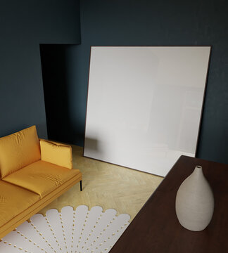 a square 200x200 frame mockup poster beside the orange sofa in the beautiful blue living room