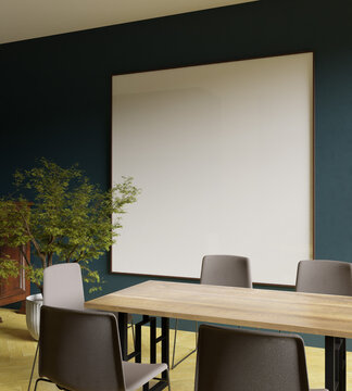 a square 200x200 frame mockup poster behind the dining table in the modern dining room with tree decoration