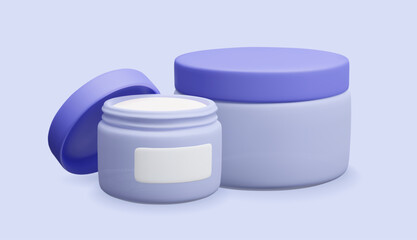 3D moisturizer facial cream bottles blue vector illustration. Cute cartoon style skincare treatment packaging design 3D. Realistic render of facial mask jars with open and closed cap.