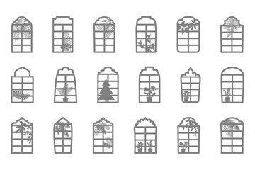 Vertical windows with indoor plants and palm leaves. Silhouettes of window frames with leaves and flowers in a pot. Window icons, interior elements. Vector illustration. - obrazy, fototapety, plakaty