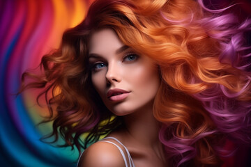 Beautiful portrait of a woman with beautiful hair on a multicolor background