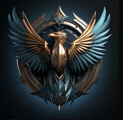 shield with wings, blue phoenix, Generative IA
