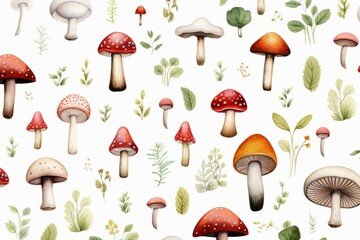 Seamless watercolor pattern of mushrooms. Russula, fly agaric, chanterelles, toadstools and snail. Poison mushroom. Botanical design for textile, packaging, wallpaper. - obrazy, fototapety, plakaty
