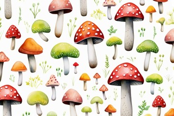 Seamless watercolor pattern of mushrooms. Russula, fly agaric, chanterelles, toadstools and snail. Poison mushroom. Botanical design for textile, packaging, wallpaper.