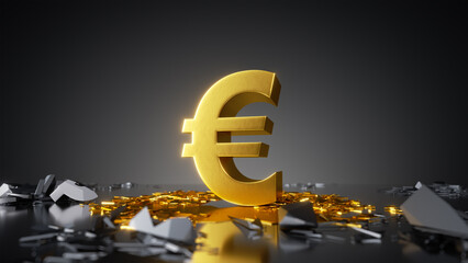 3d render, abstract financial background, gold euro symbol in the dark - obrazy, fototapety, plakaty
