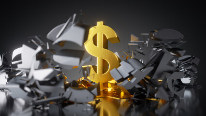 3d render, abstract financial background, gold dollar symbol in the middle of broken obstacles, currency rate concept. Business metaphor - obrazy, fototapety, plakaty