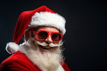 Portrait santa claus smiling with sunglasses and a gift in his hands, copy space with generative ai
