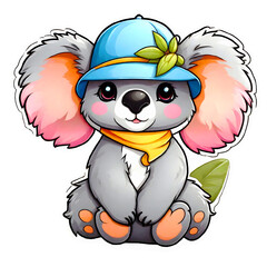 Sticker isolated cute cartoon koala wearing a yellow hat, on Transparent background. Generative AI