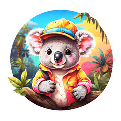 Cute cartoon koala wearing a yellow hat and yellow jacket on nature background. Generative AI