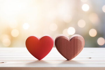 Valentines day background. Two hearts isolated on bokeh light background. High quality photo