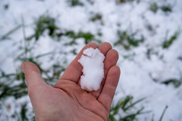 human hand holding white snow in winter