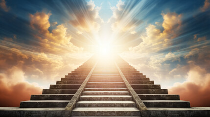 An inspiring image of a stairway leading upwards towards a radiant sun, with rays piercing through dynamic clouds against a blue sky.