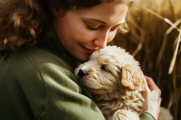 A young woman in a green jacket lovingly hugs a fluffy puppy in a field.