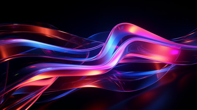 Abstract neon glass wave neon shapes on  black background, Wallpaper, Glassmorphism 
