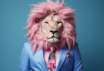 A pastel pink animal king in a blue flower suit. Lion standing and posing, abstract portrait of a wild animal. Pink big hairstyle. Illustration. Generative AI.