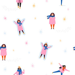 Colorful seamless pattern with tiny people doing different activities