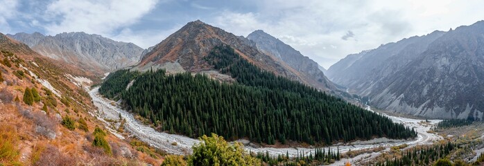 Panorama, view into the Ala Archa valley, autumnal mountain landscape with mountain stream Ak Say and Ala Archa, Ala Archa National Park, Khirgiz Ala-Too Mountains, Chuy Region, Kyrgyzstan, Asia