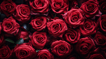 Red Valentine's Day Roses in Vibrant Deep Red Color - Overhead Flat Lay View of Floral Petals and Leaves - Romantic Holiday Color Tones