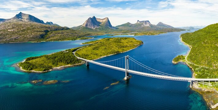 Fjord with islands in front of Bergen, Mount Stortinden, bridge over Kjerringstraumen, Efjord, Tysfjord, Ofoten, Nordland, Norway, Europe
