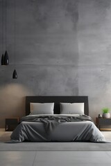 The interior design of charcoal minimal bedroom and concrete wall background