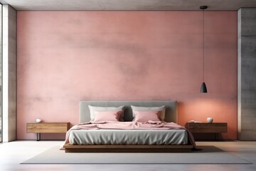 The interior design of coral minimal bedroom and concrete wall background