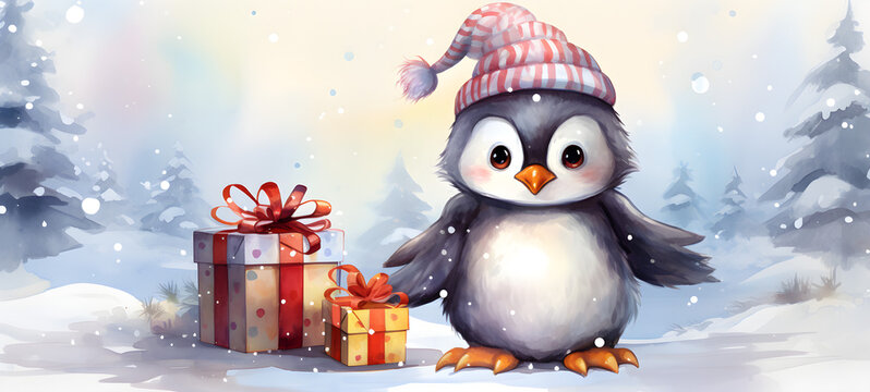 Watercolor of a cute penguin with a Christmas gift in winter,