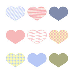 Set of nine hearts. Vector illustration of love symbol on white background.