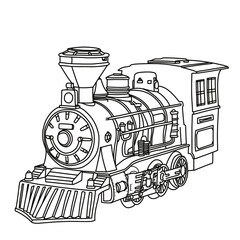 Vintage steam train locomotive engine, line art style old retro sketch hand drawn side view vector illustration isolated on white background