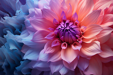 Close-up of a vibrant dahlia flower with gradient colors ranging from pink to purple and blue, suitable for backgrounds or floral themes.