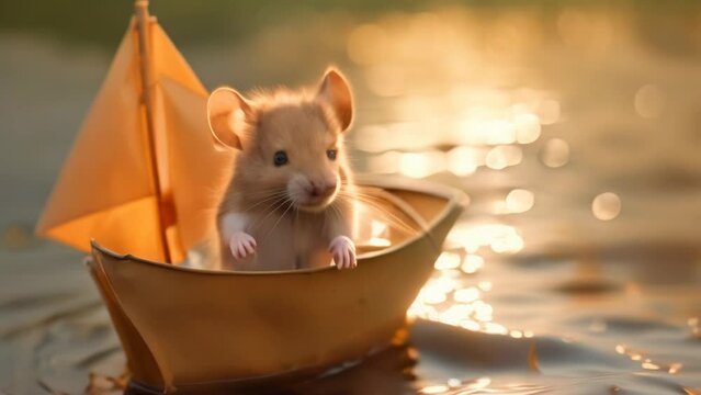 Little mouse traveling in a tiny boat sailing in the river animation with water waves
