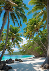 beach, somewhere on the islands near the equator, sea palm sand, clear day. - obrazy, fototapety, plakaty