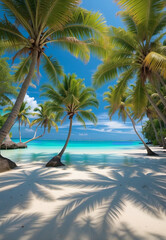 beach, somewhere on the islands near the equator, sea palm sand, clear day.
