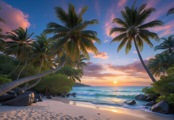 beach, somewhere on the islands near the equator, sea palm trees sand, beautiful sunset in the evening. - obrazy, fototapety, plakaty