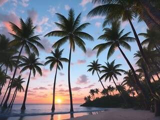beach, somewhere on the islands near the equator, sea palm trees sand, beautiful sunset in the evening.